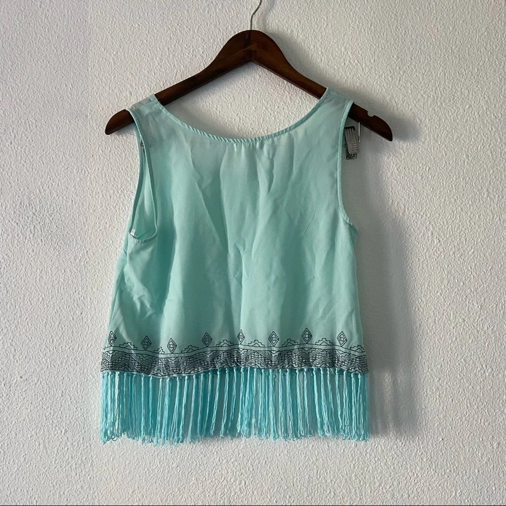 Western Fringe Tank Boho Crop Pastel Blue Tassel Top Mint Blue Size Small Summer - Picture 7 of 8